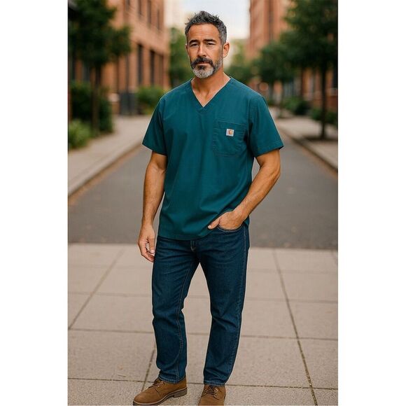 Carhartt Men's V-Neck Scrub Top Blue Size L with Chest Pocket - Picture 3 of 6